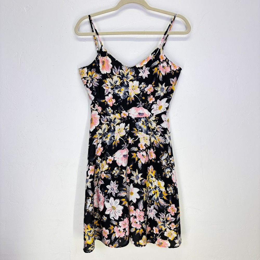Gap Womens Floral Spaghetti Strap Fit & Flare Dress XS Black Pink Sundress Boho